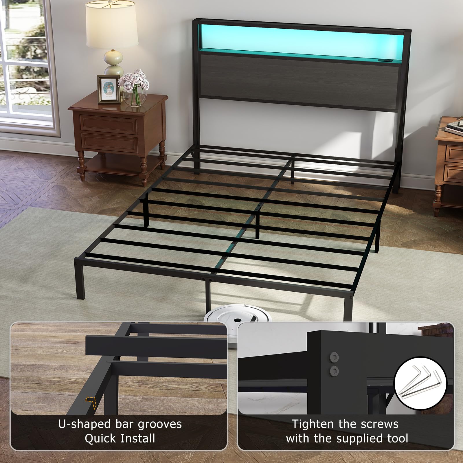 Metal Platform Bed Frame with LED Lights & Charging Station, Under Bed Storage, No Box Spring Needed, Noise Free, Dark Grey