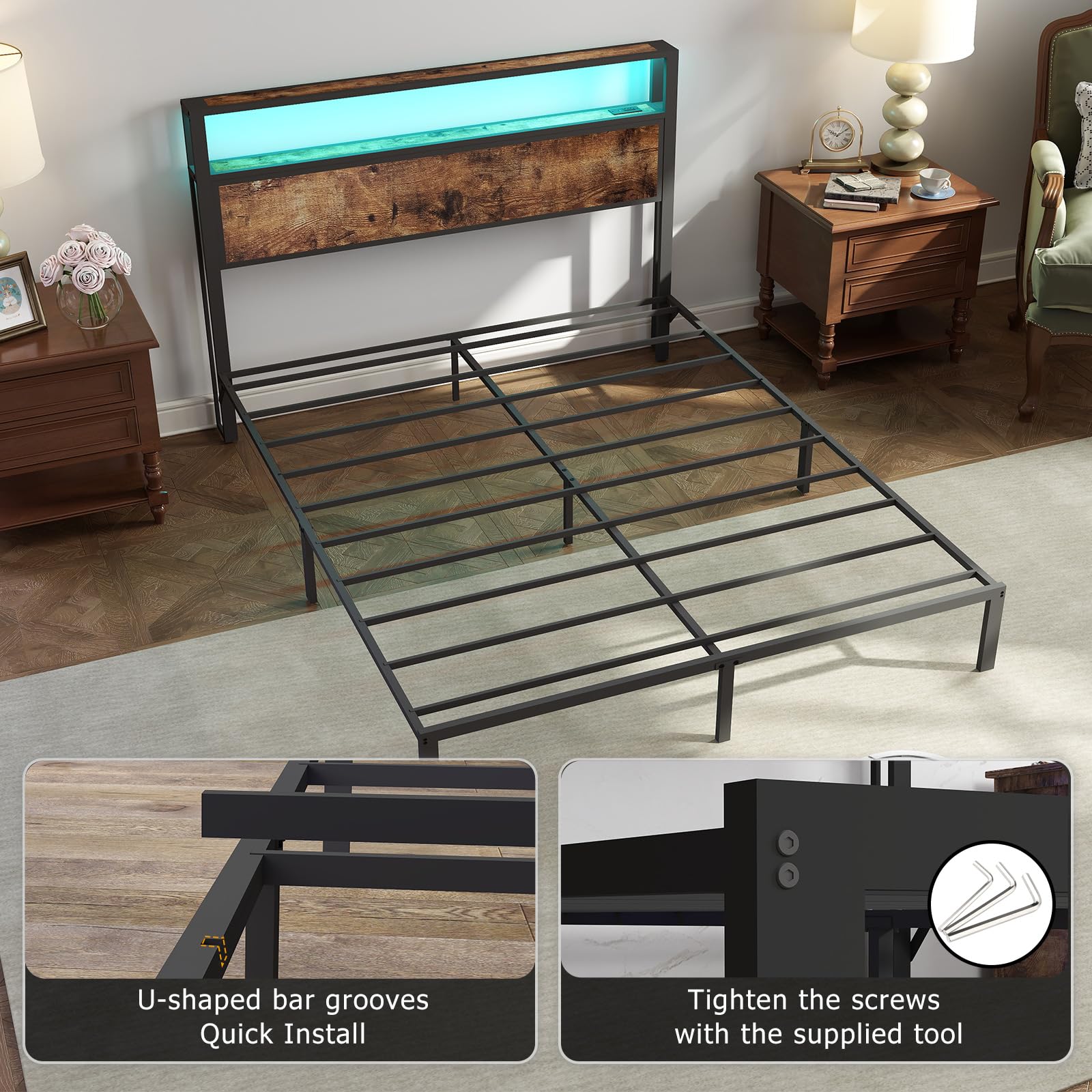 Metal Platform Bed Frame with LED Lights & Charging Station, Under Bed Storage, No Box Spring Needed, Noise Free, Dark Grey