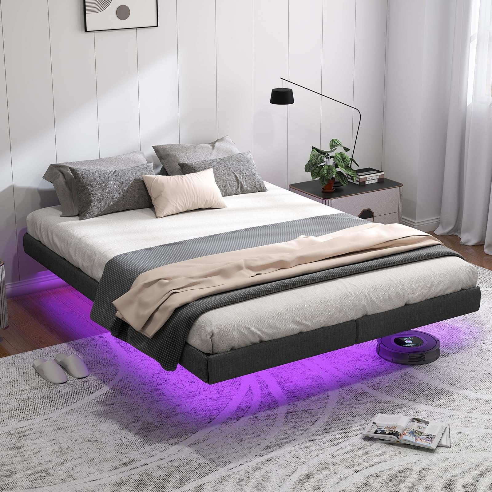 Floating Bed Frame Queen with LED Lights,No Box Spring Needed, Noise Free