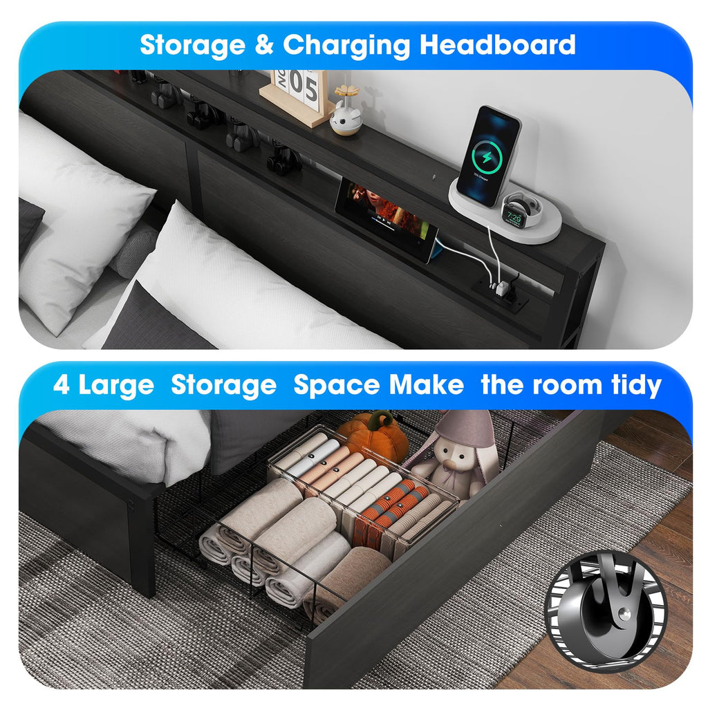 Full Size Lift Up Storage Bed Frame with Charging Station