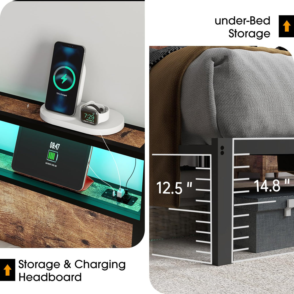 Metal Platform Bed Frame with LED Lights & Charging Station, Under Bed Storage, No Box Spring Needed, Noise Free, Dark Grey