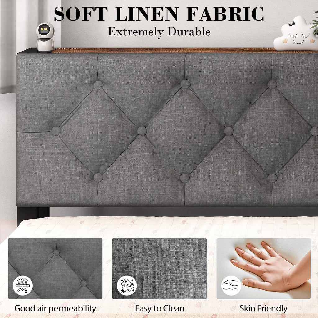 Corner Bed Frame with Storage Bookcase and LED Lights