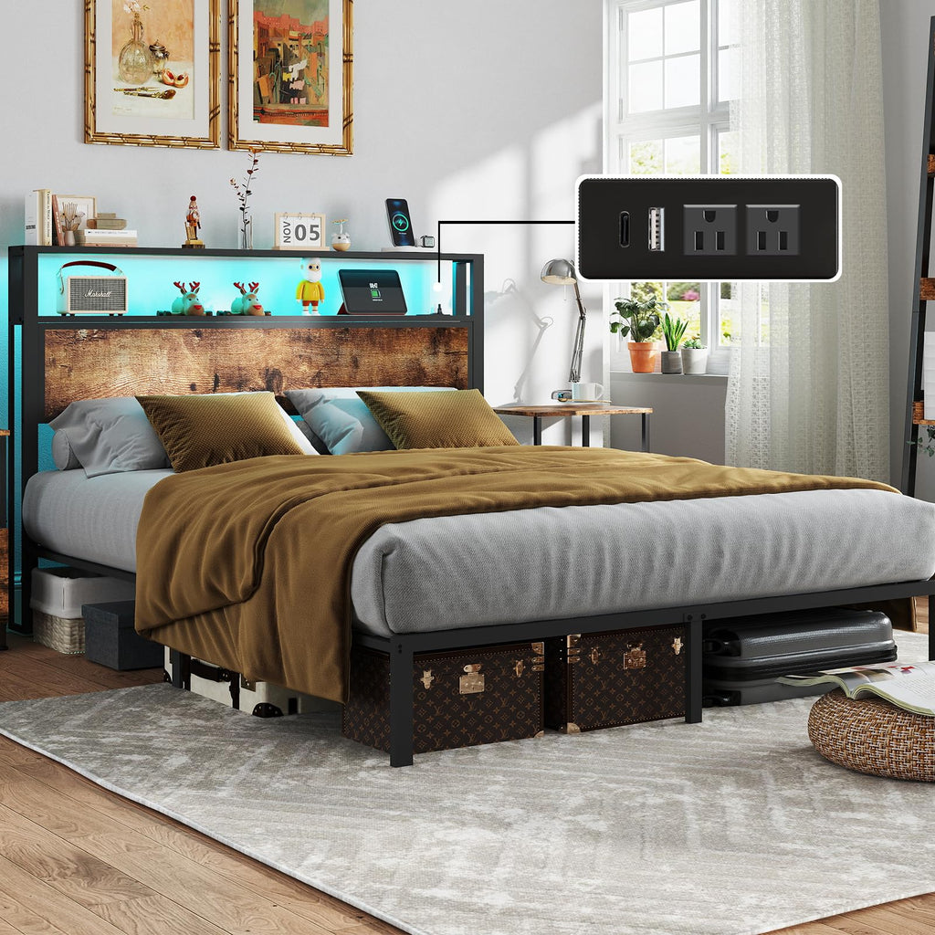 Metal Platform Bed Frame with LED Lights, Charging Station & Under-Bed Storage | Full, Queen & King