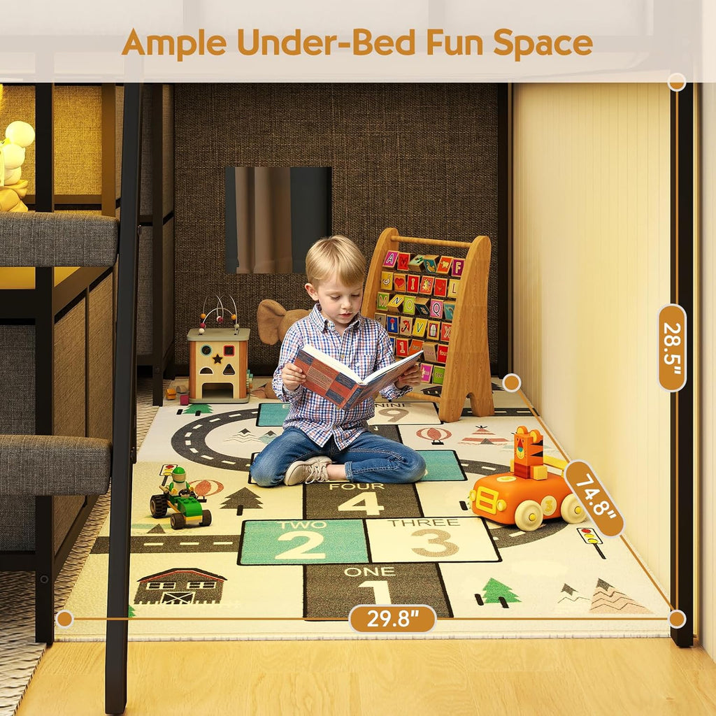 Low Loft Bed with 7 Storage Drawers and Bookcase