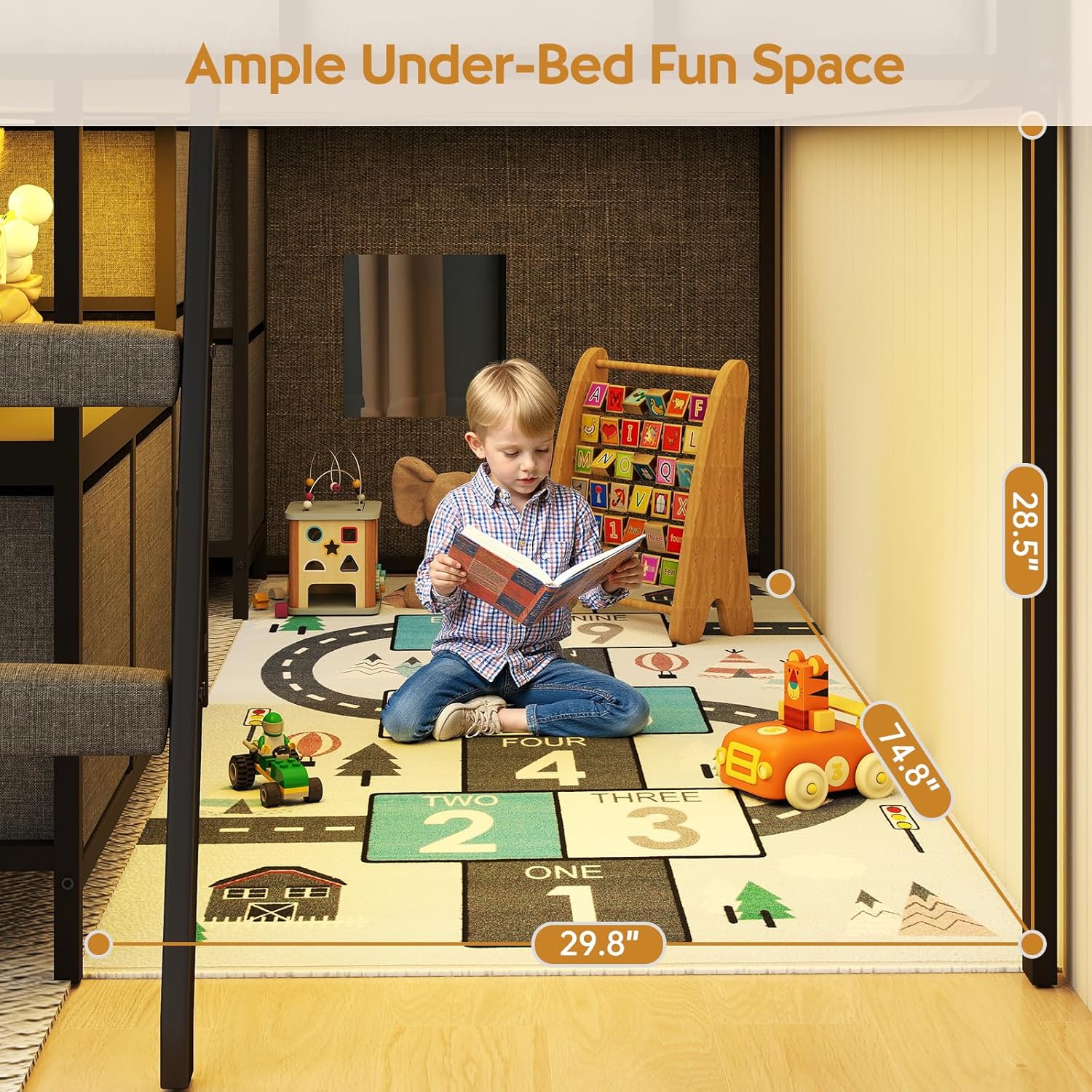 Low Loft Bed with 7 Storage Drawers and Bookcase