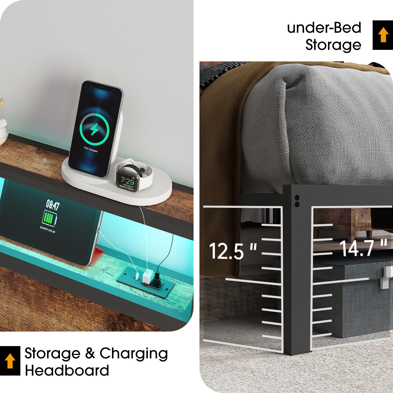 Metal Platform Bed Frame with LED Lights & Charging Station, Under Bed Storage, No Box Spring Needed, Noise Free, Dark Grey