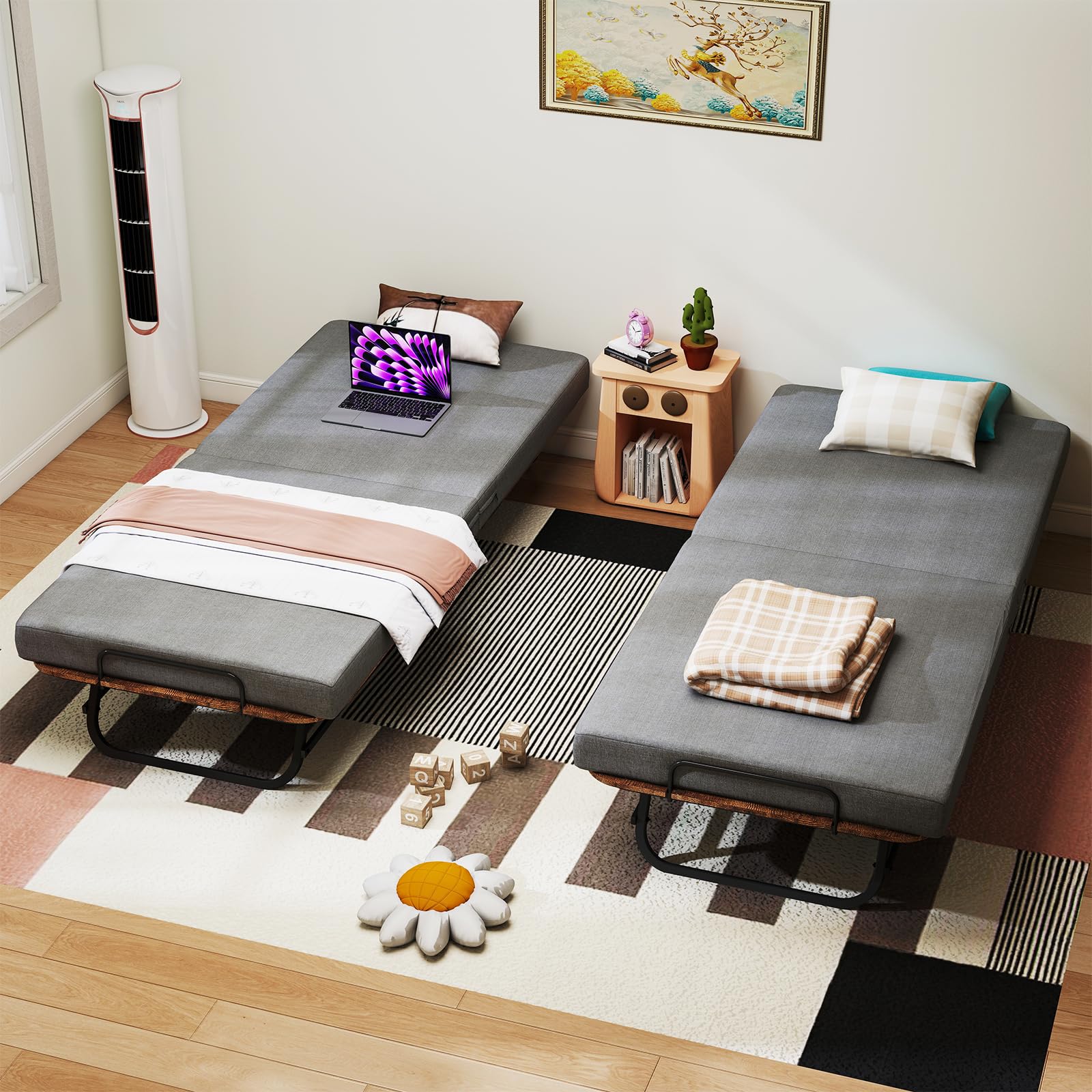 Folding Bed with Mattress for Adults, Portable Foldable Roll Away Bed on Wheels