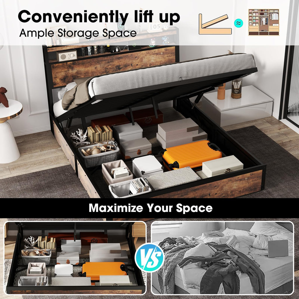 Full Size Lift Up Storage Bed Frame with Charging Station