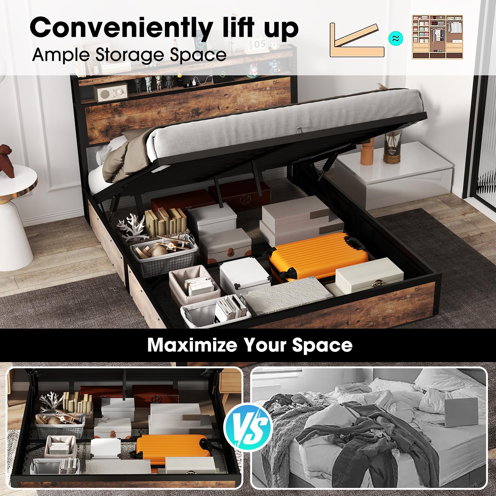 Full Size Lift Up Storage Bed Frame with Charging Station