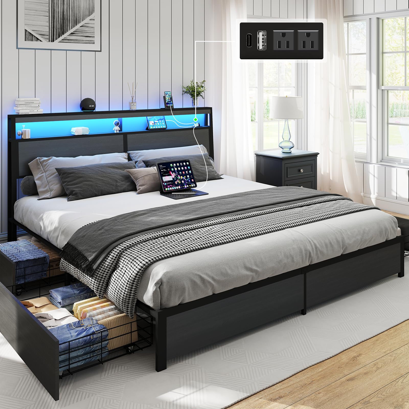 Metal Platform King Bed Frame Wood with 4 Drawers, LED Light, Charging Station, No Box Spring Needed, Noise Free, Easy Assembly, Grey