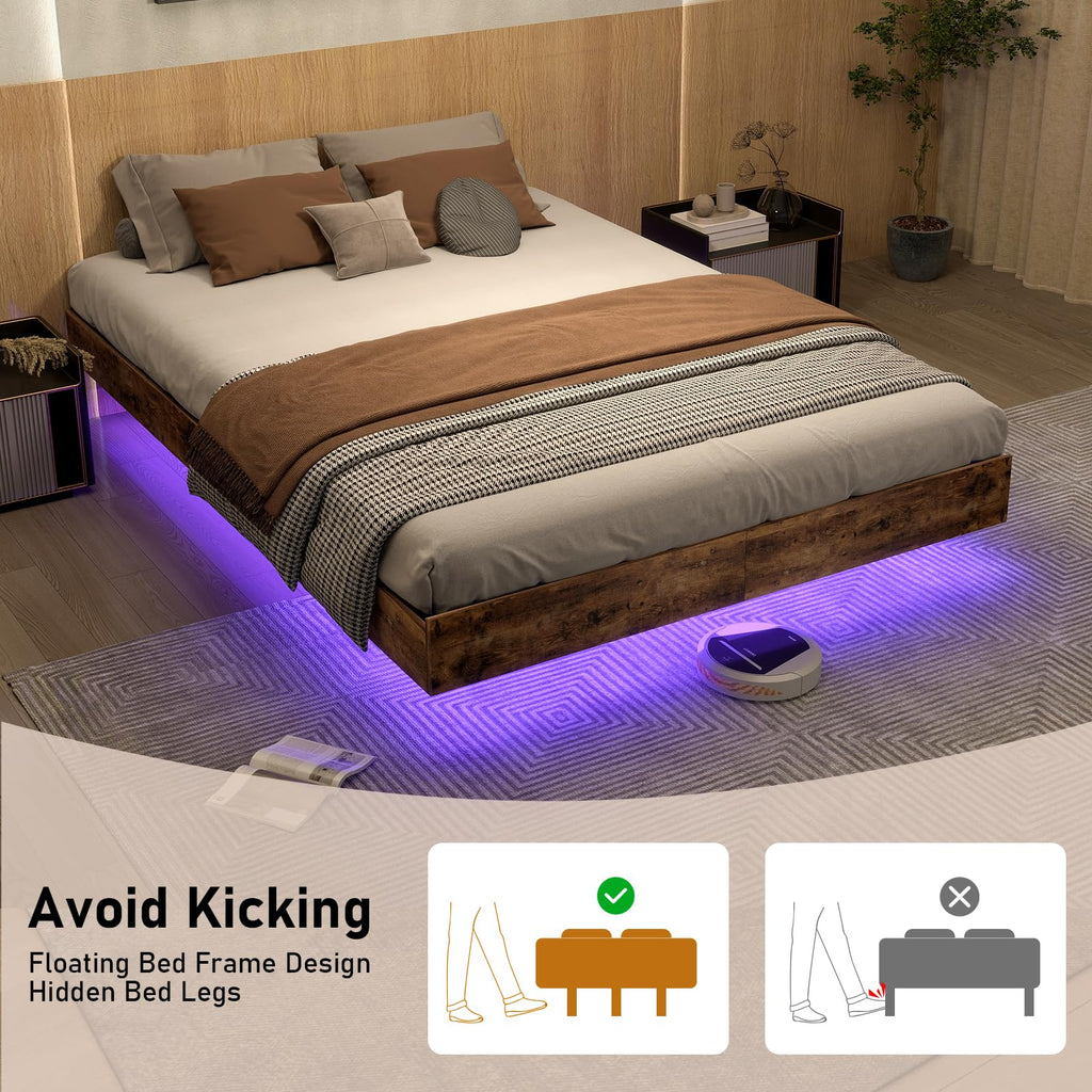 Floating Bed Frame Queen with LED Lights,No Box Spring Needed, Noise Free