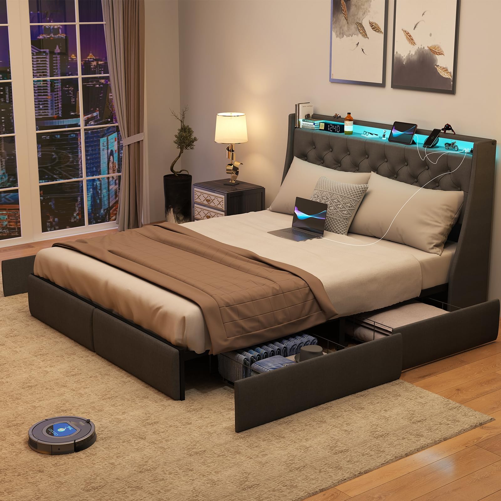 Queen Bed Frame with Storage Headboard and Drawers, Bed Frame Platform with LED Light, Charging Station, No Box Spring Needed, Noise Free, Easy Assembly, Grey