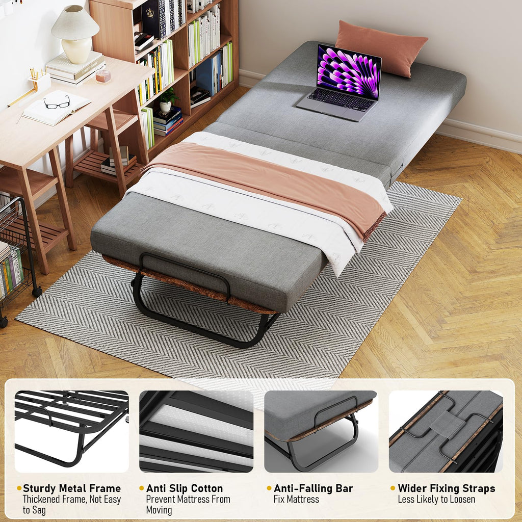 Folding Bed with Mattress for Adults, Portable Foldable Roll Away Bed on Wheels