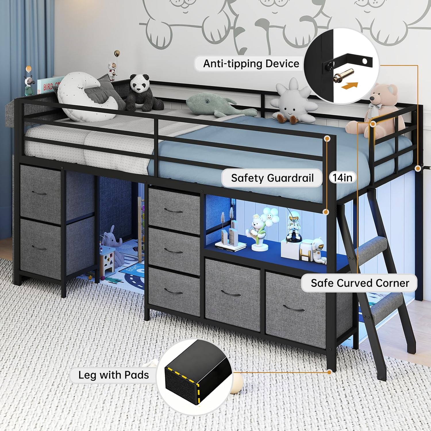 Low Loft Bed with 7 Storage Drawers and Bookcase