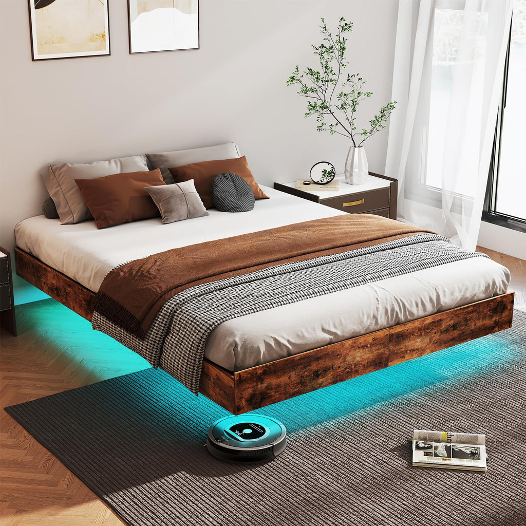 Floating Platform Bed Frame with RGB LED Lights & Under-Bed Storage | Full, Queen & King