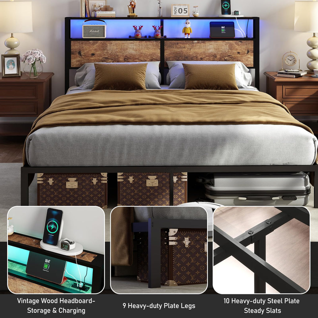 Metal Platform Bed Frame with LED Lights & Charging Station, Under Bed Storage, No Box Spring Needed, Noise Free, Dark Grey