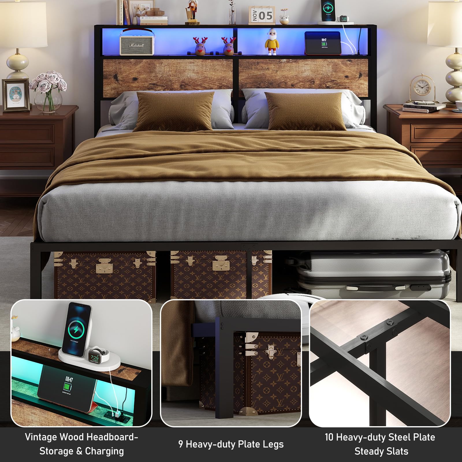 Metal Platform Bed Frame with LED Lights & Charging Station, Under Bed Storage, No Box Spring Needed, Noise Free, Dark Grey