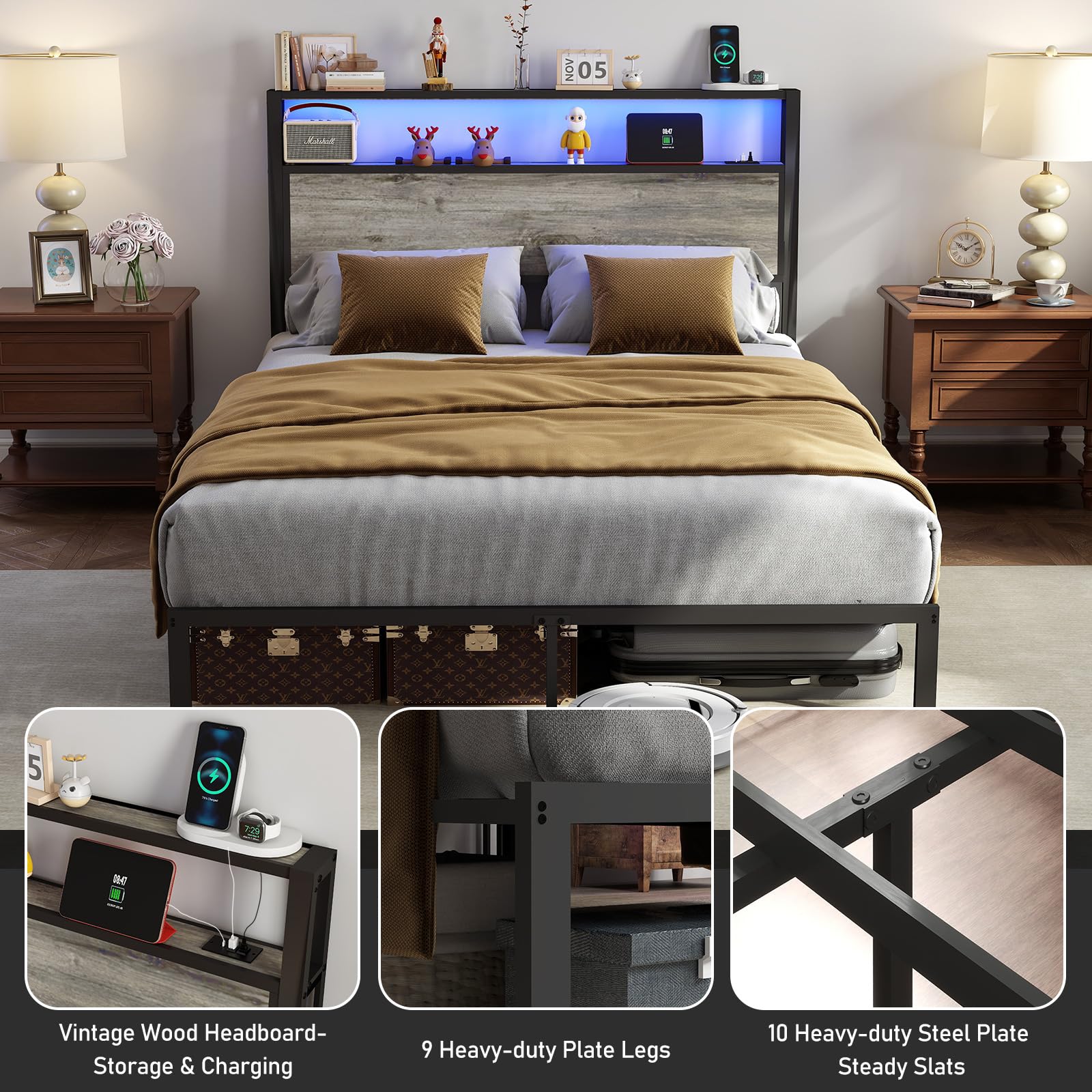 Metal Platform Bed Frame with LED Lights & Charging Station, Under Bed Storage, No Box Spring Needed, Noise Free, Dark Grey