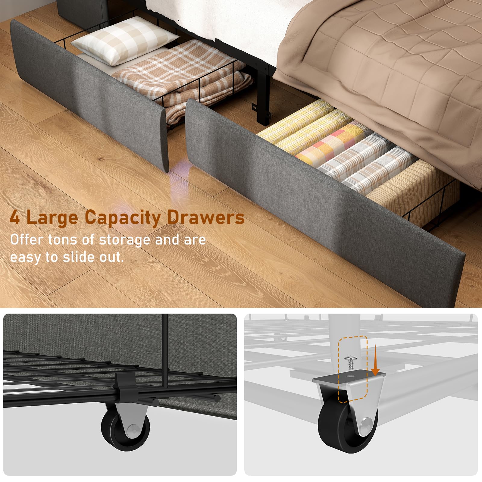 Queen Bed Frame with Storage Headboard and Drawers, Bed Frame Platform with LED Light, Charging Station, No Box Spring Needed, Noise Free, Easy Assembly, Grey