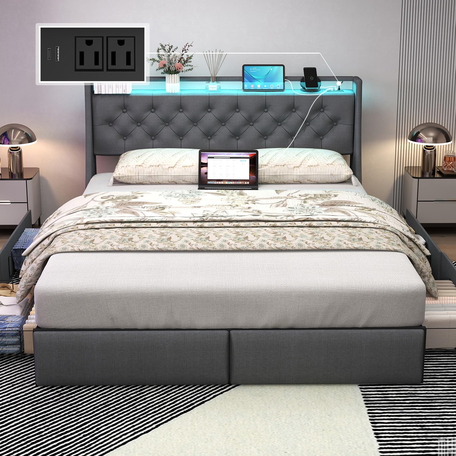 Queen Bed Frame with Headboard and 2 Storage Drawers