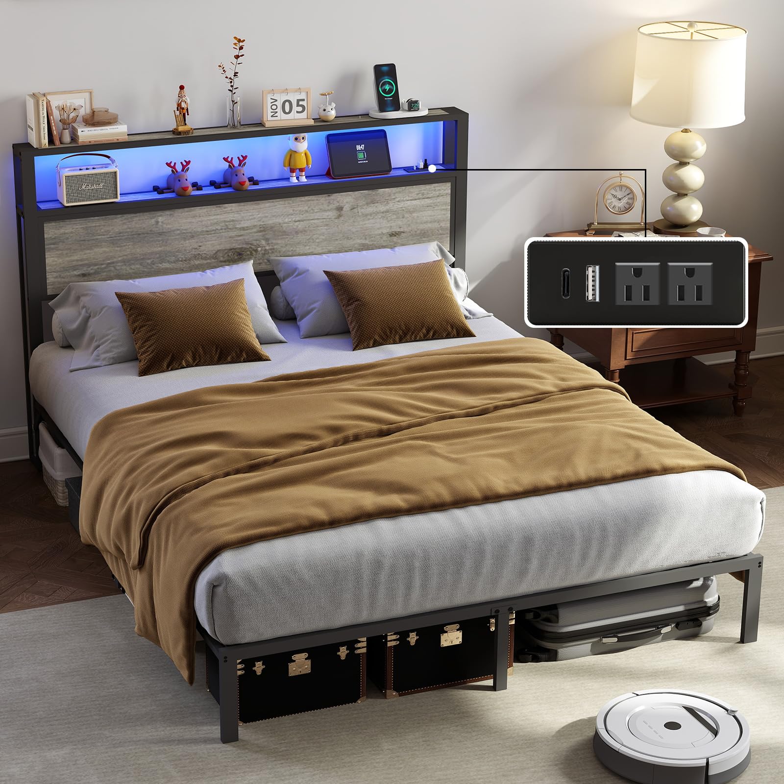 Metal Platform Bed Frame with LED Lights & Charging Station, Under Bed Storage, No Box Spring Needed, Noise Free, Dark Grey