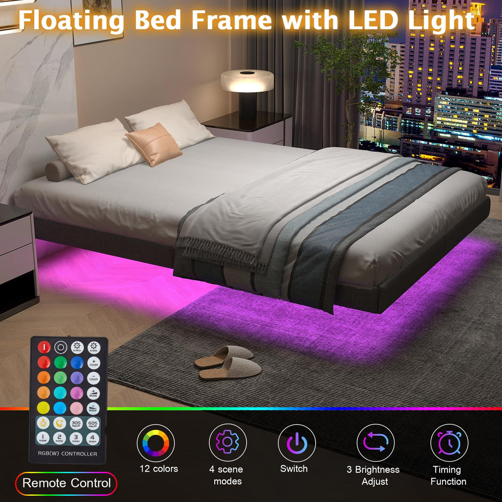 Floating Bed Frame Queen with LED Lights,No Box Spring Needed, Noise Free