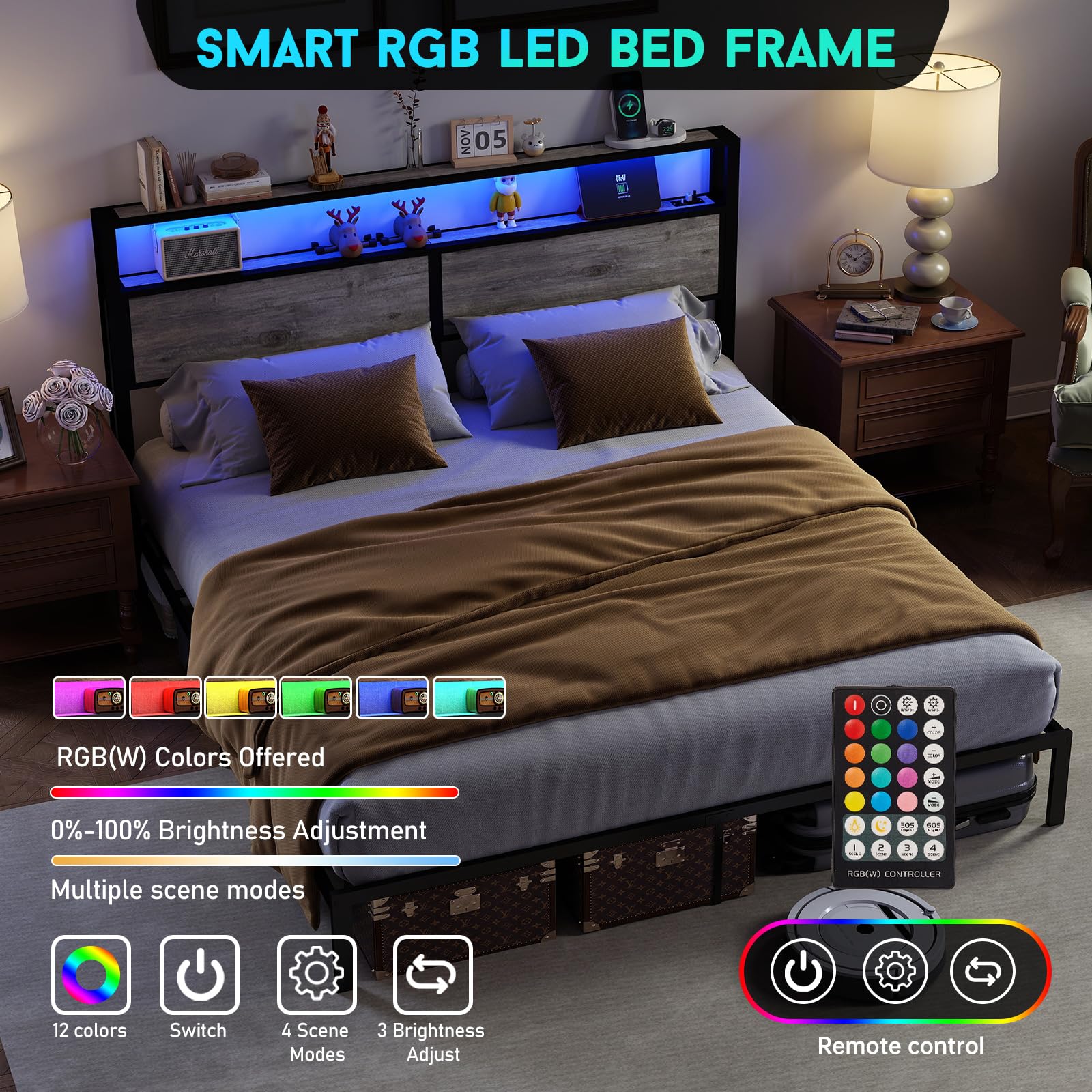 Metal Platform Bed Frame with LED Lights & Charging Station, Under Bed Storage, No Box Spring Needed, Noise Free, Dark Grey