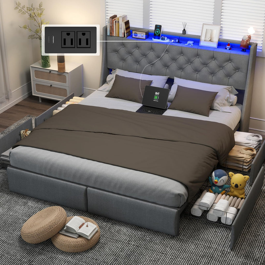 Queen Bed Frame with Headboard and 2 Storage Drawers