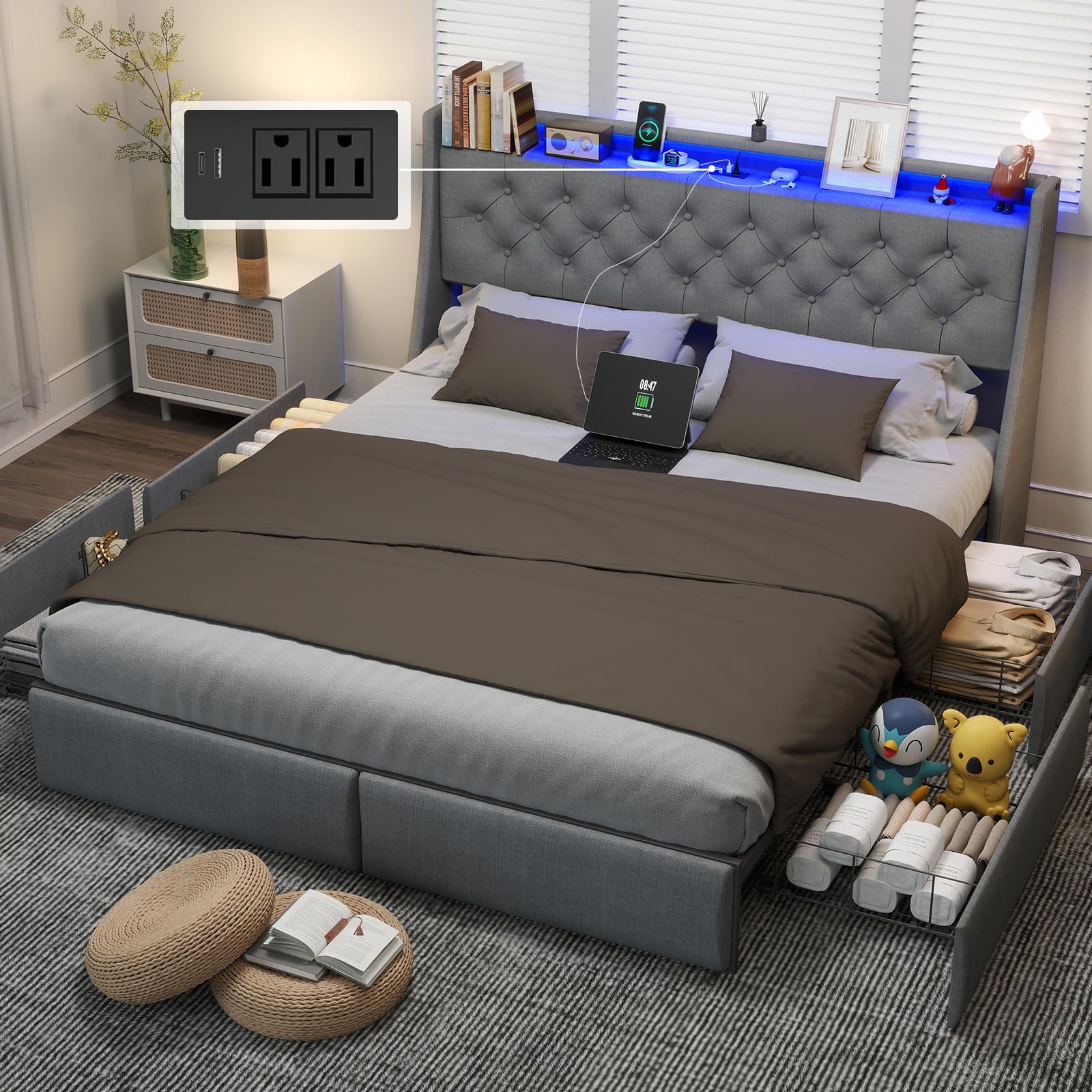 Queen Bed Frame with Headboard and 2 Storage Drawers