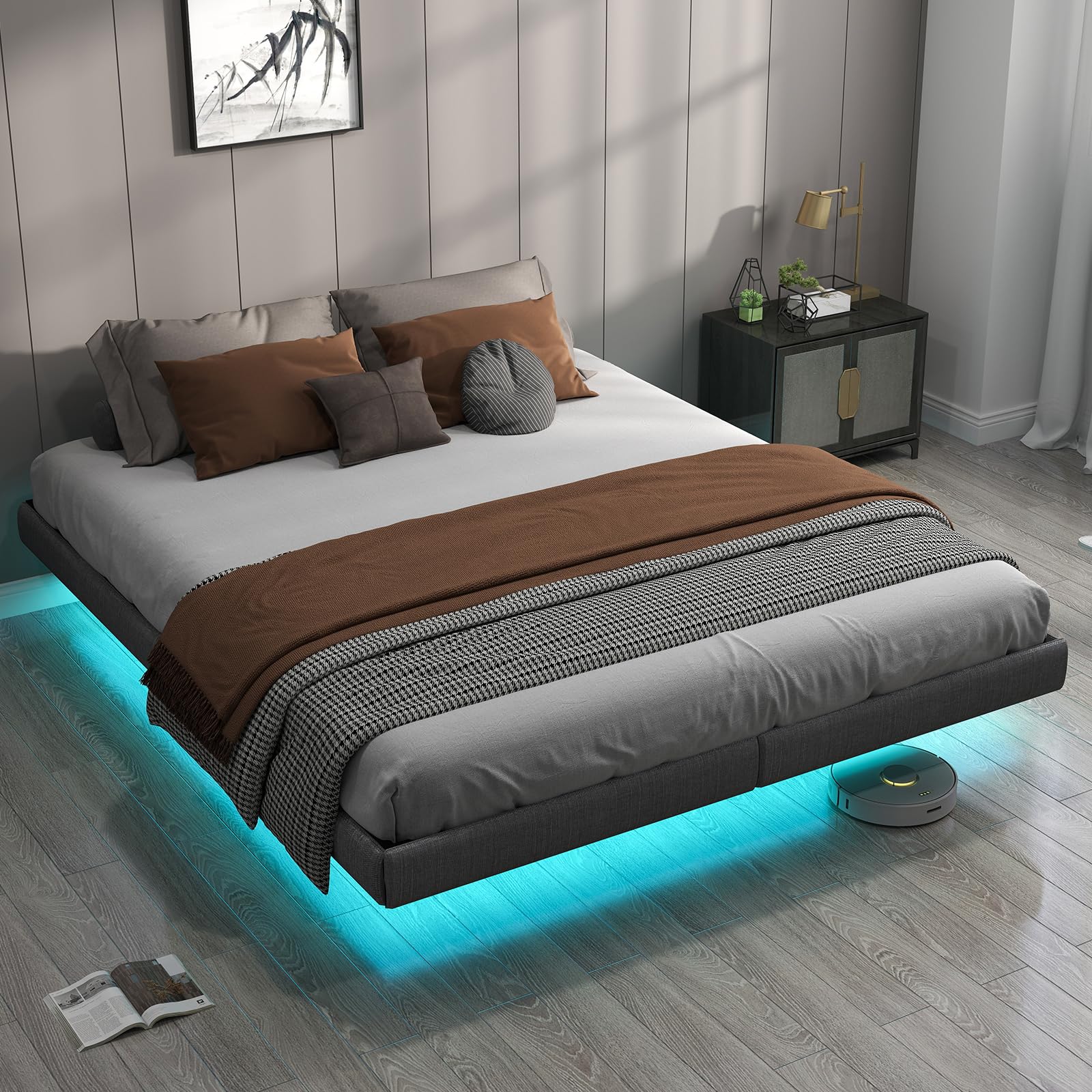 Floating Bed Frame Queen with LED Lights,No Box Spring Needed, Noise Free