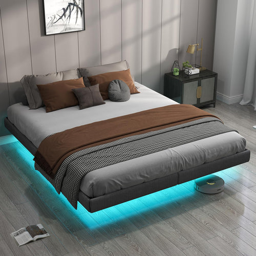 Floating Bed Frame Queen with LED Lights,No Box Spring Needed, Noise Free