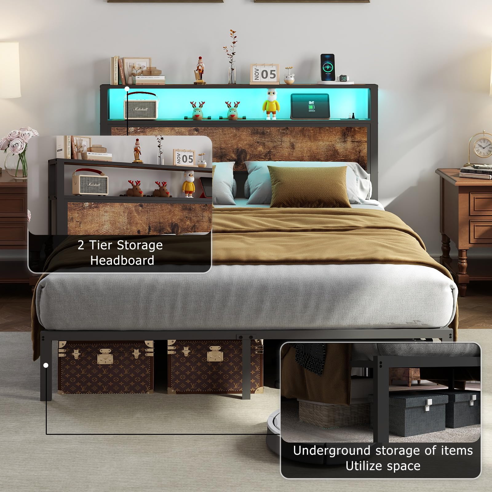 Metal Platform Bed Frame with LED Lights & Charging Station, Under Bed Storage, No Box Spring Needed, Noise Free, Dark Grey