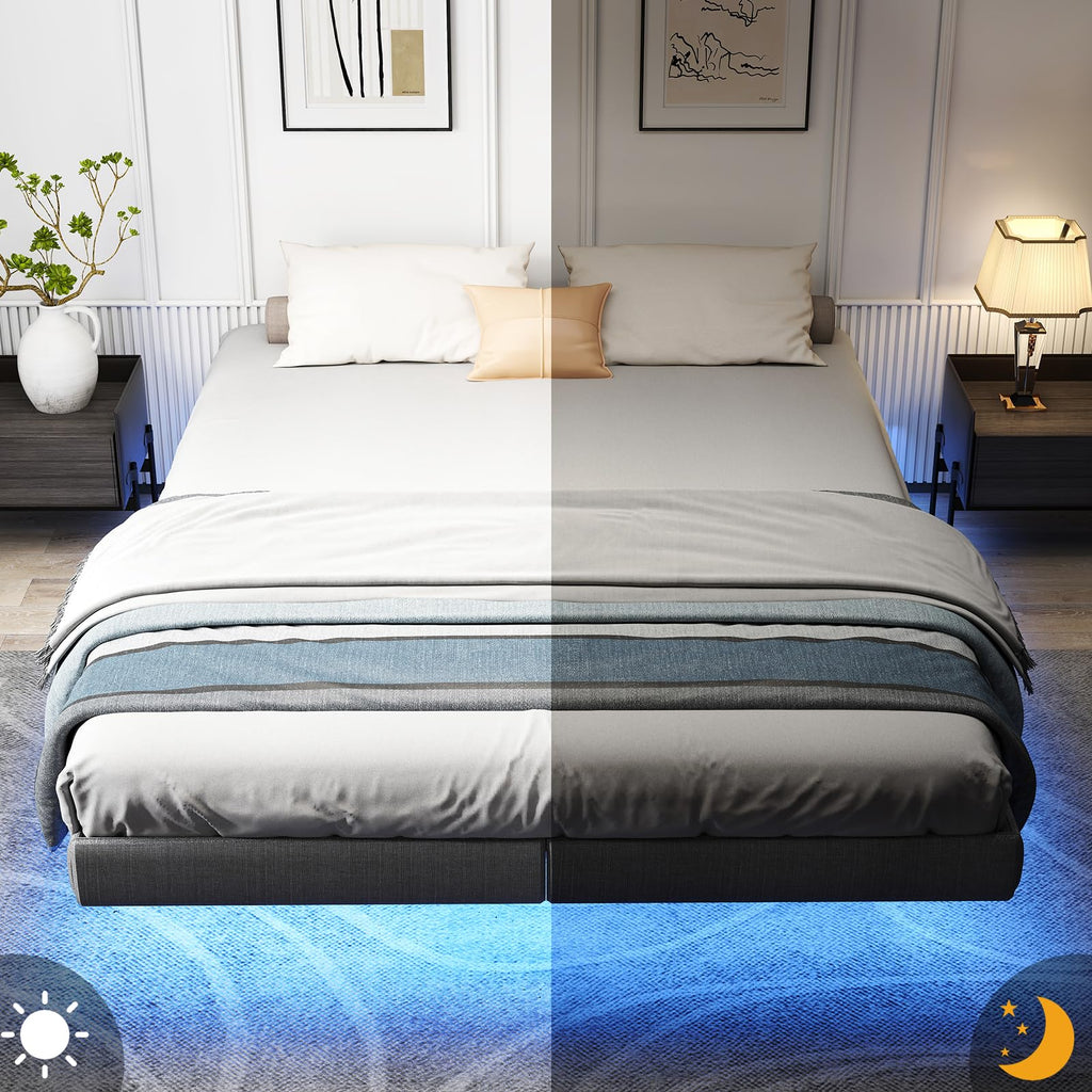 Floating Bed Frame Queen with LED Lights,No Box Spring Needed, Noise Free