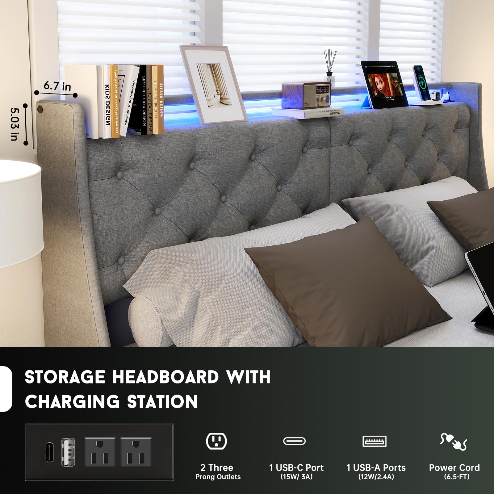 Queen Bed Frame with Headboard and 2 Storage Drawers