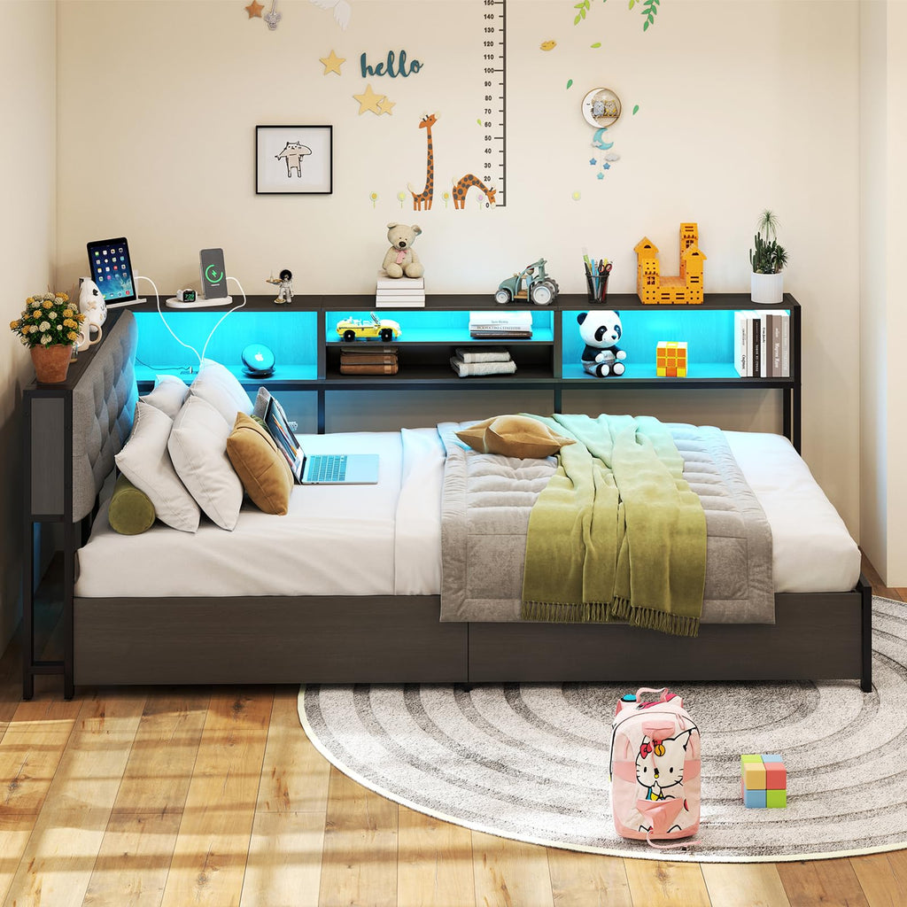Corner Bed Frame with Storage Bookcase and LED Lights