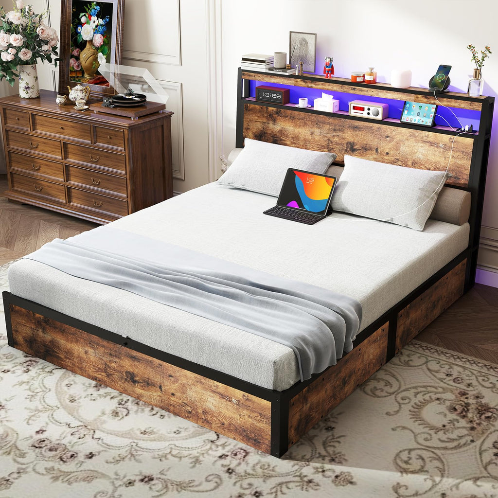 Metal Platform King Bed Frame Wood with 4 Drawers, LED Light, Charging Station, No Box Spring Needed, Noise Free, Easy Assembly, Grey