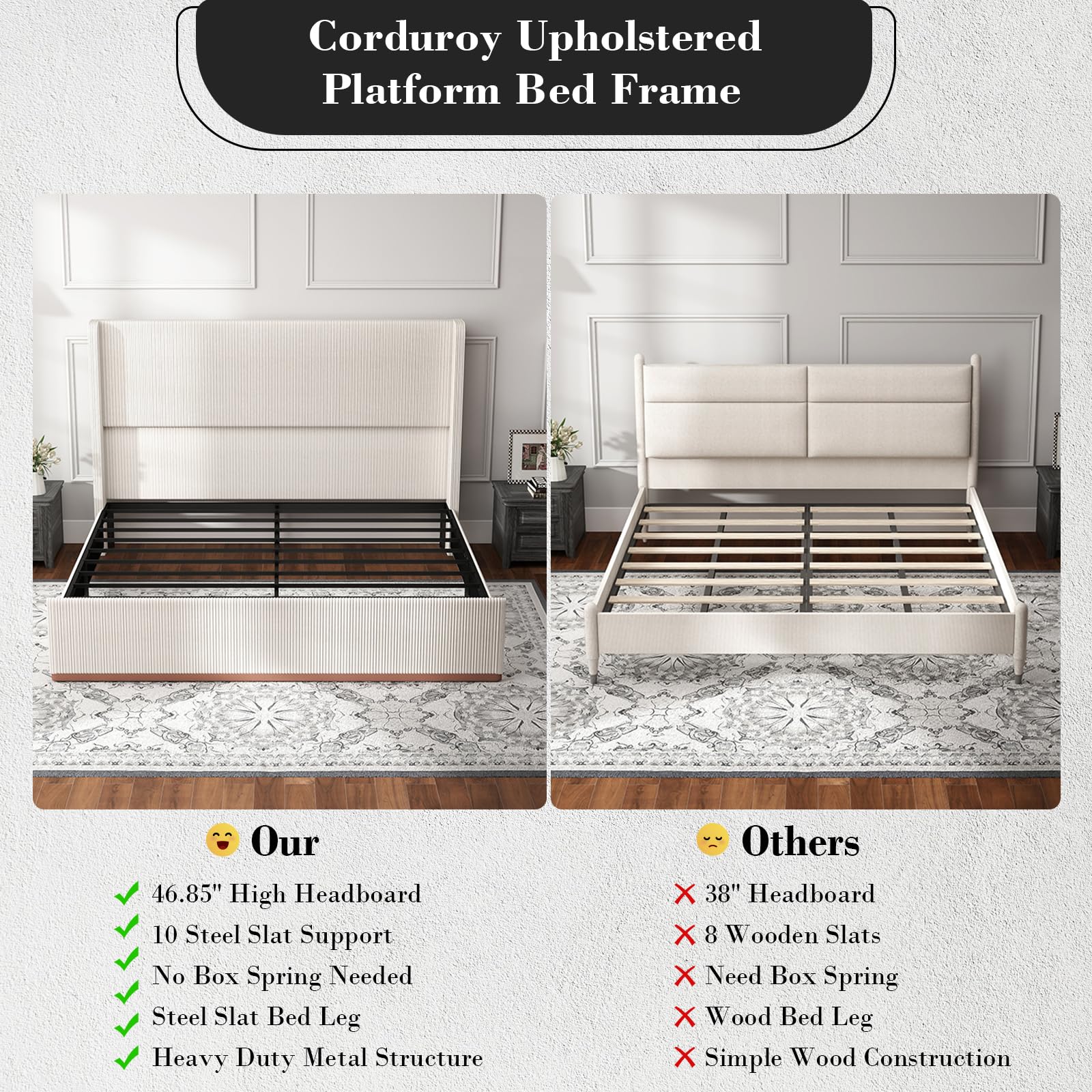 Queen Size Upholstered Platform Bed Frame, Soft Corduroy Bed Frame Queen with 47" Headboard, Solid Steel Slats, No Box Spring Needed, Noise Free, Easy Assembly, Cream
