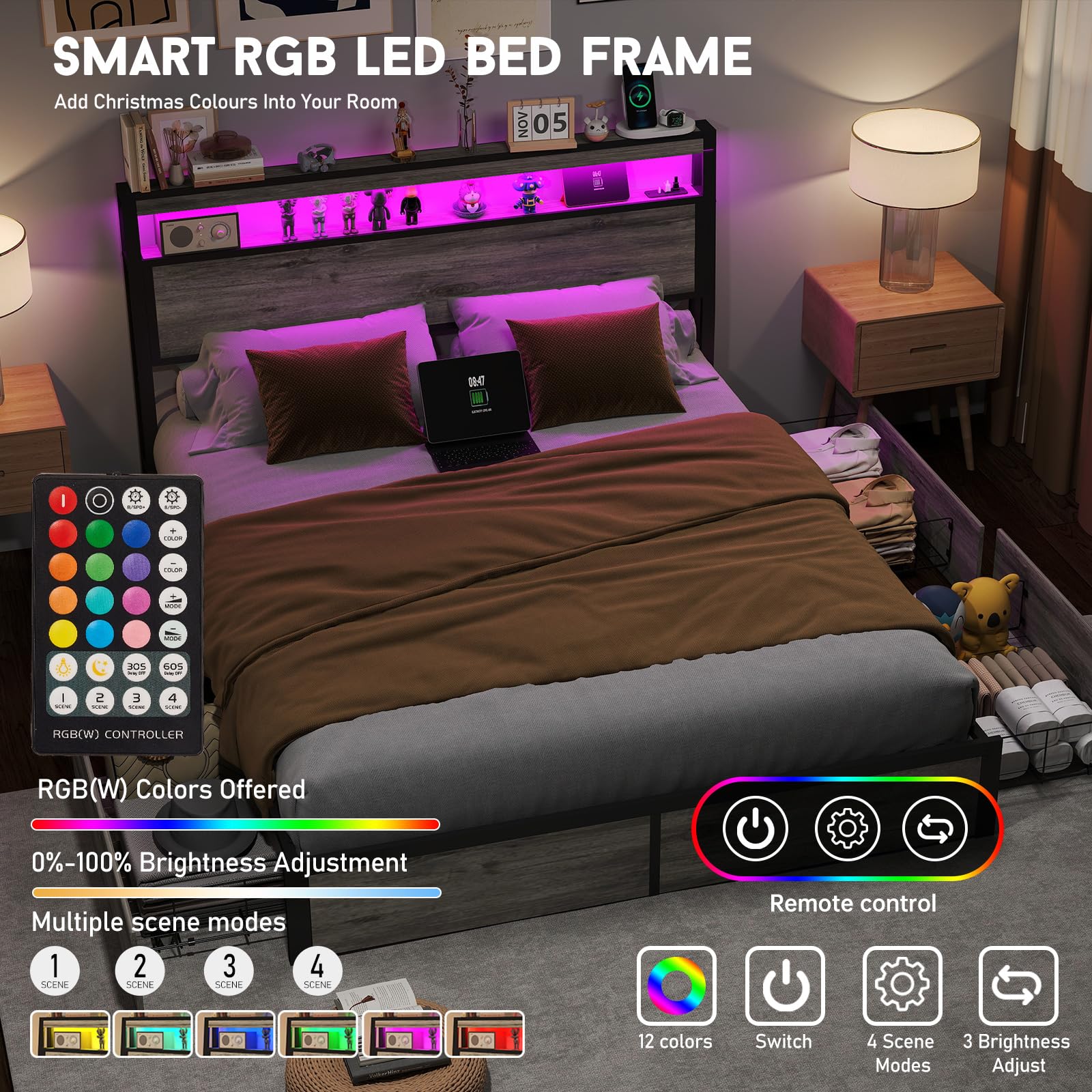 Full Size Lift Up Storage Bed Frame with Charging Station