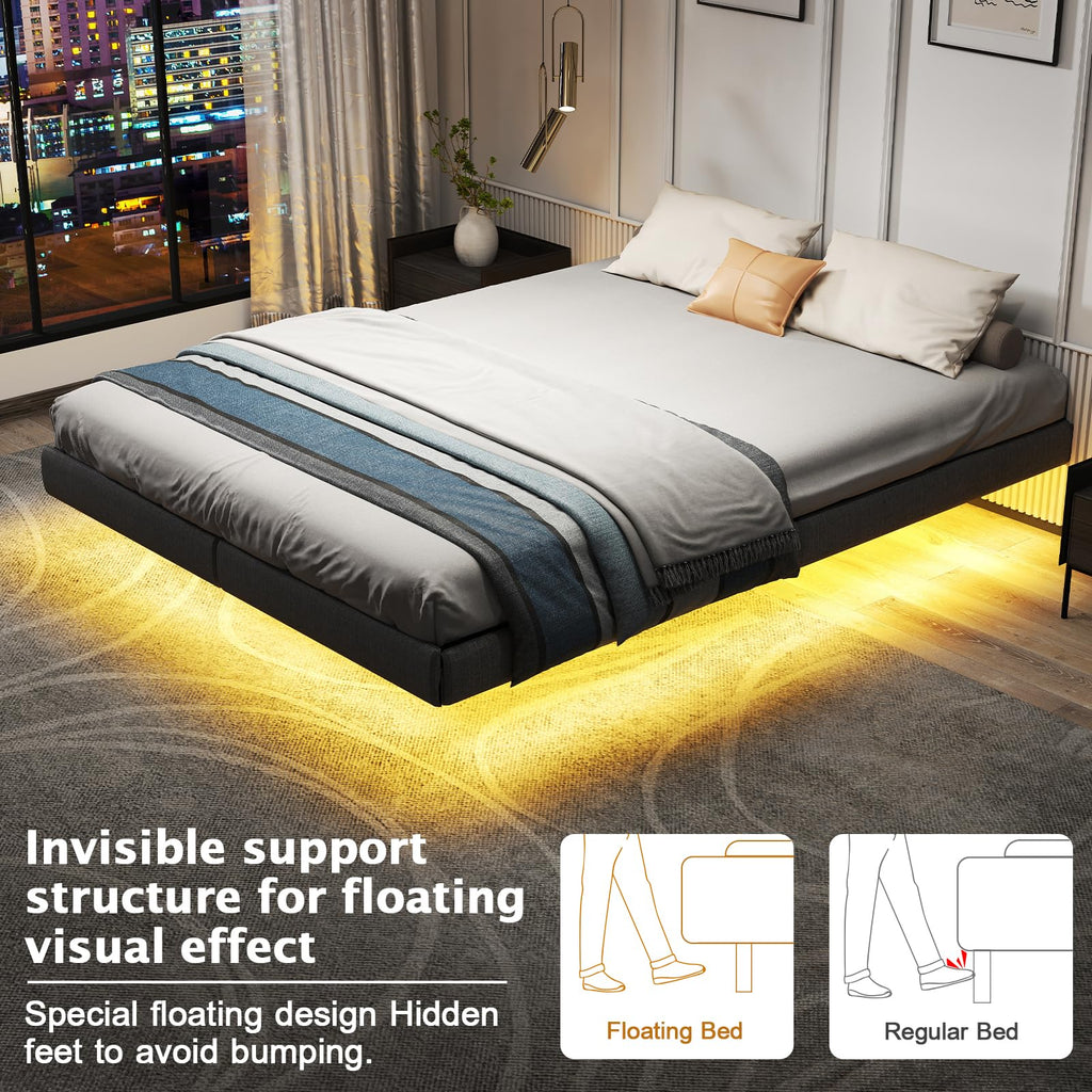 Floating Bed Frame Queen with LED Lights,No Box Spring Needed, Noise Free