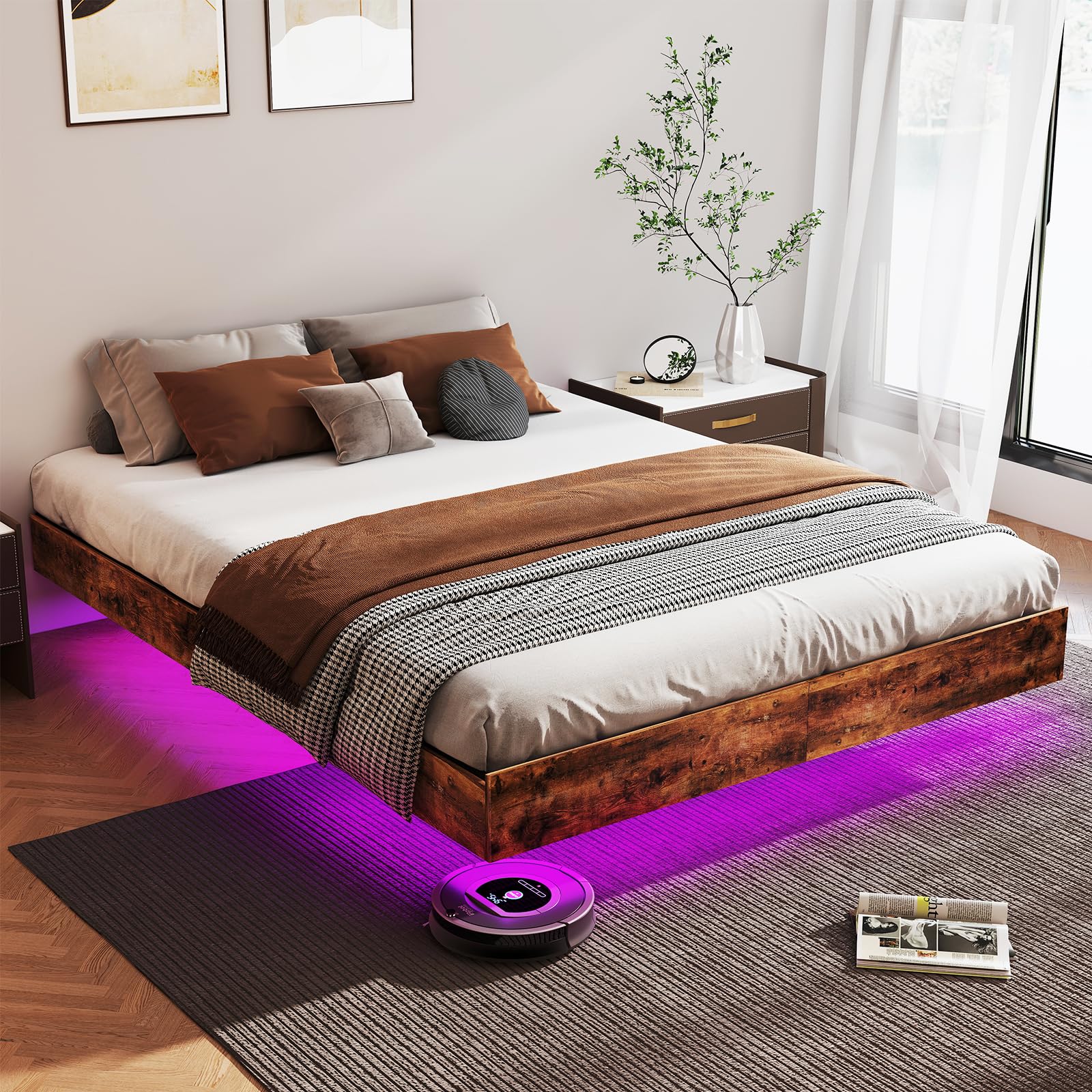 Floating Bed Frame Queen with LED Lights,No Box Spring Needed, Noise Free