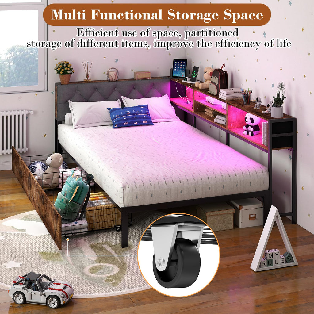 Corner Bed Frame with Storage Bookcase and LED Lights