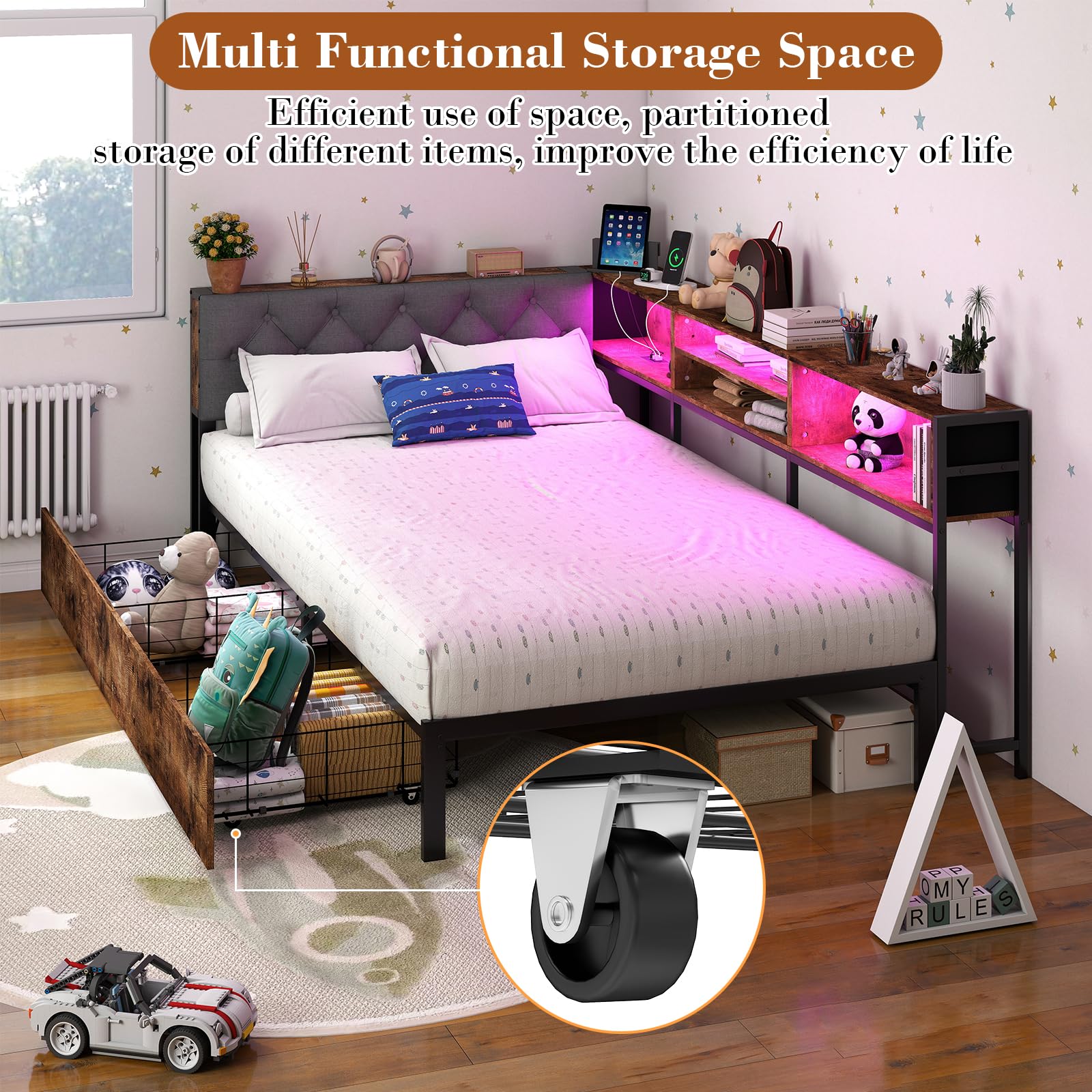 Corner Bed Frame with Storage Bookcase and LED Lights