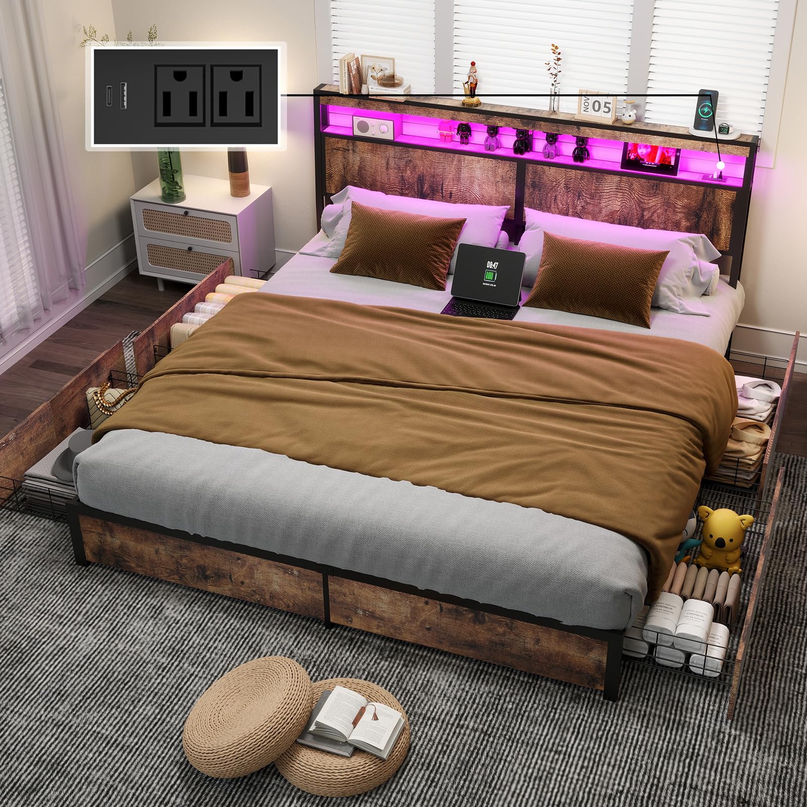 Full Size Lift Up Storage Bed Frame with Charging Station