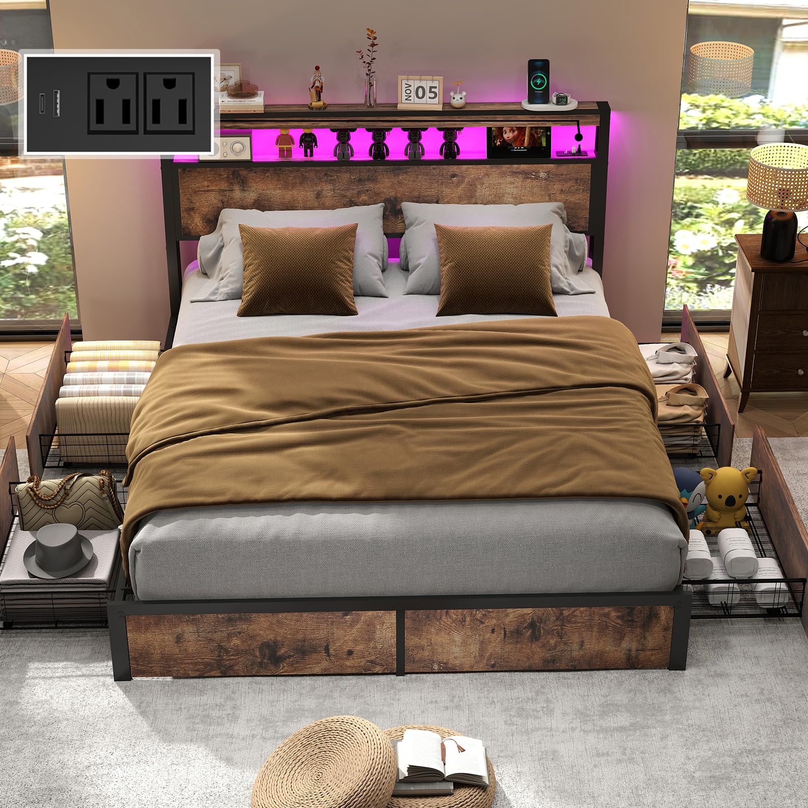 Full Size Lift Up Storage Bed Frame with Charging Station