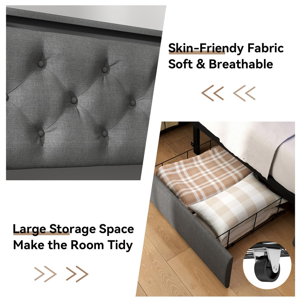 Queen Bed Frame with Storage Headboard and Drawers, Bed Frame Platform with LED Light, Charging Station, No Box Spring Needed, Noise Free, Easy Assembly, Grey