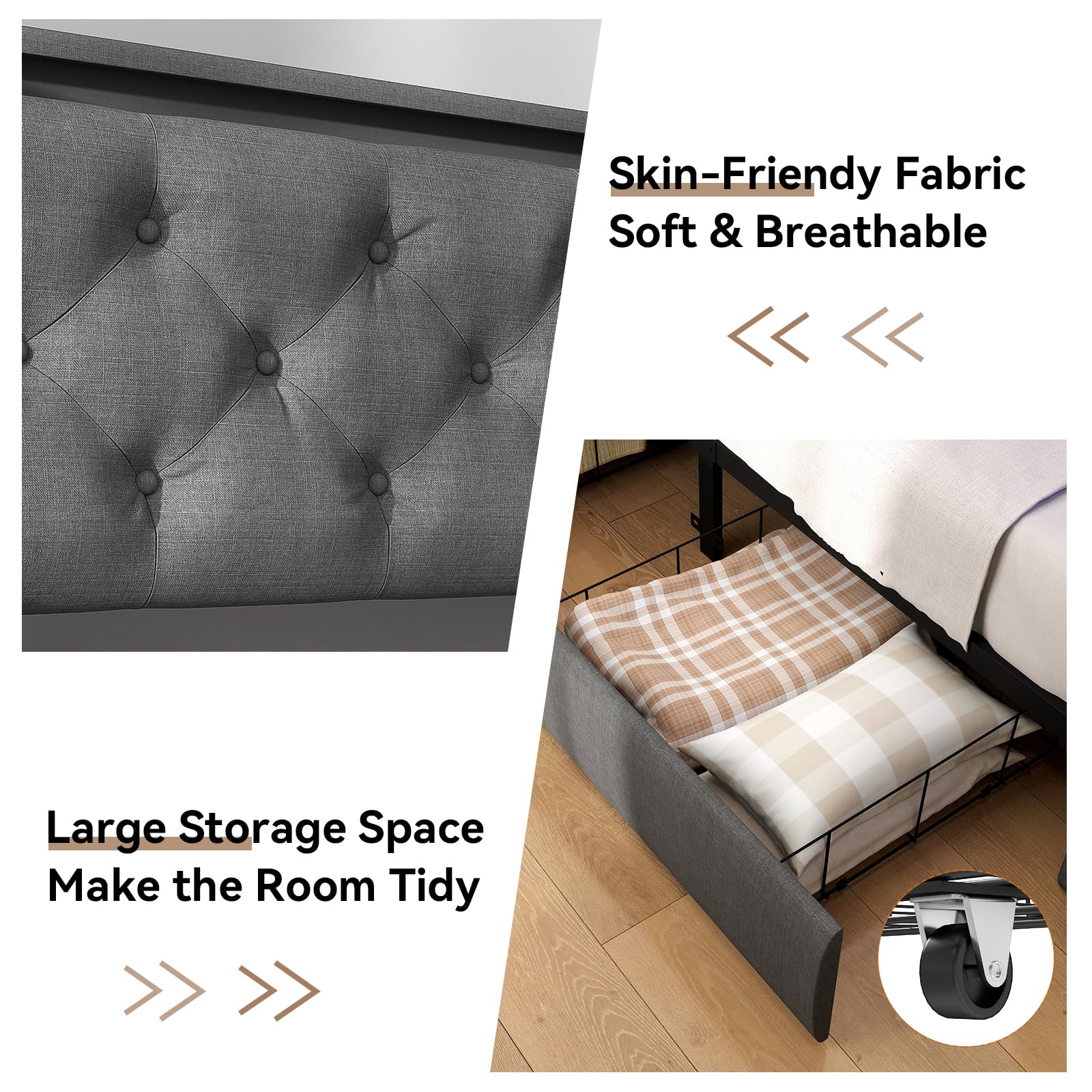 Queen Bed Frame with Storage Headboard and Drawers, Bed Frame Platform with LED Light, Charging Station, No Box Spring Needed, Noise Free, Easy Assembly, Grey