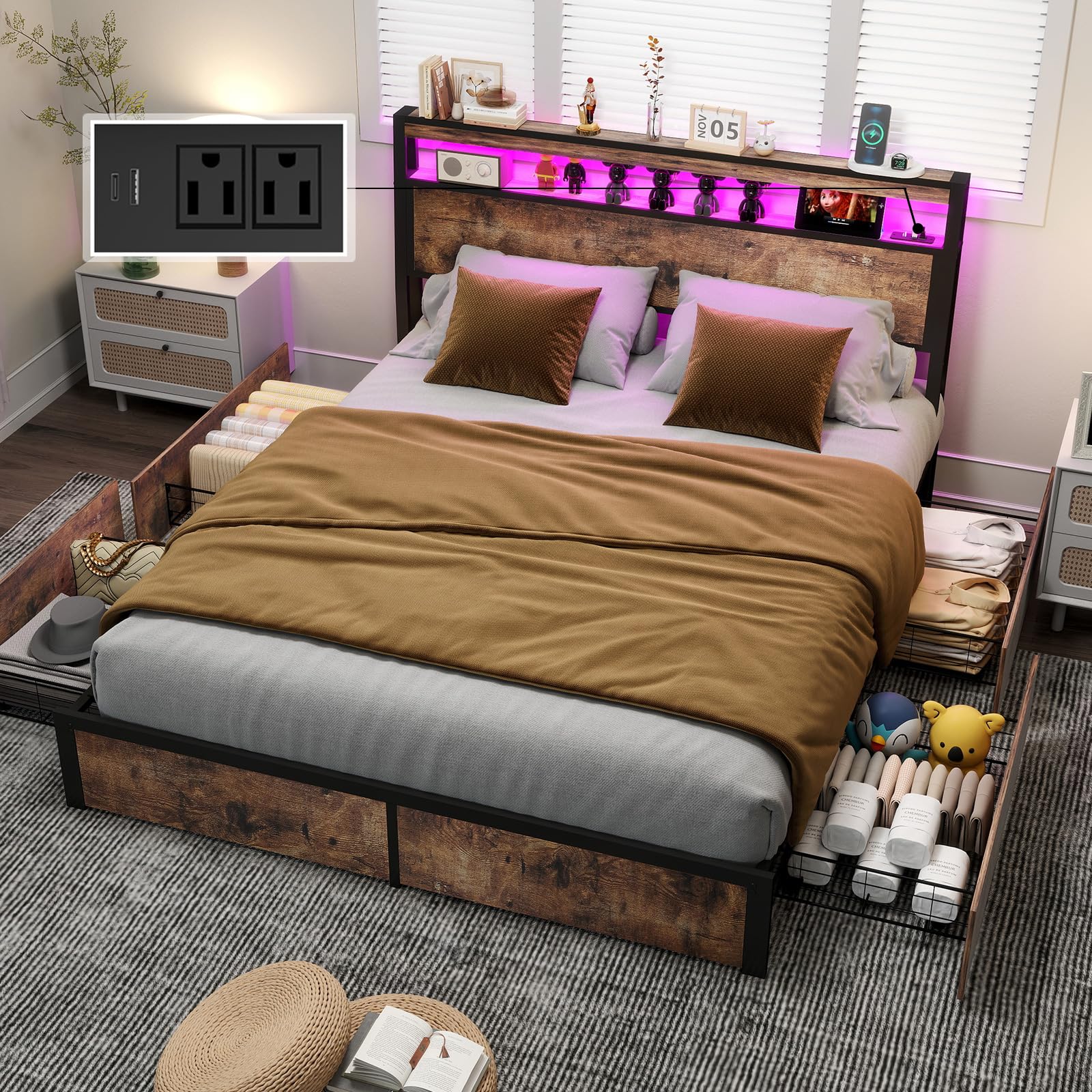 Full Size Lift Up Storage Bed Frame with Charging Station