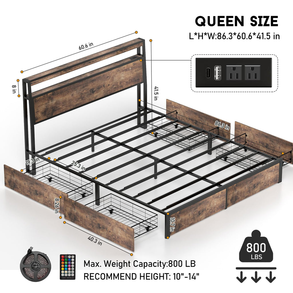 Full Size Lift Up Storage Bed Frame with Charging Station