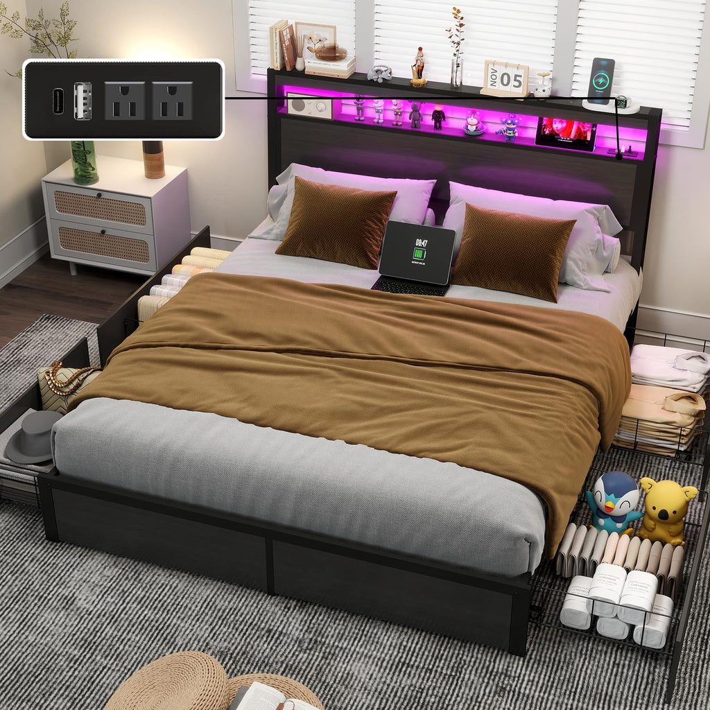 Full Size Lift Up Storage Bed Frame with Charging Station
