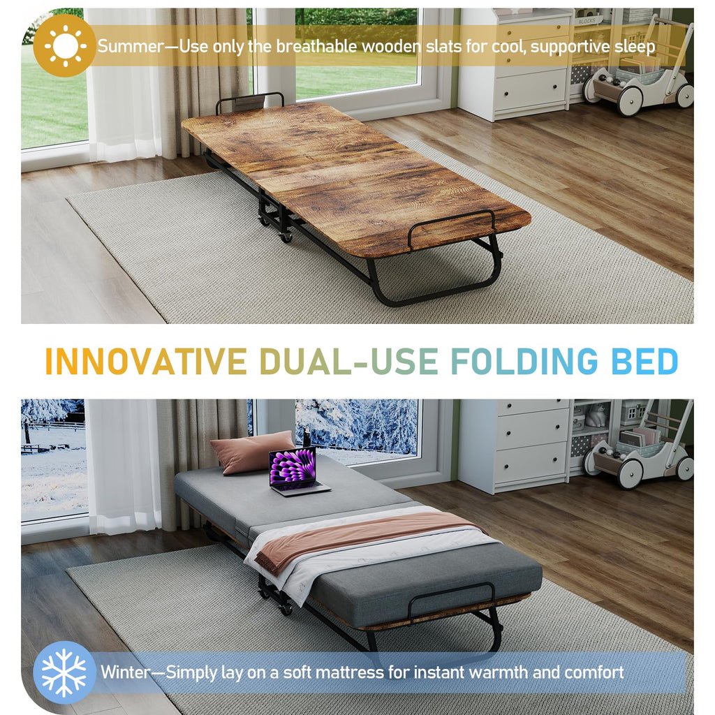 Folding Bed with Mattress for Adults, Portable Foldable Roll Away Bed on Wheels